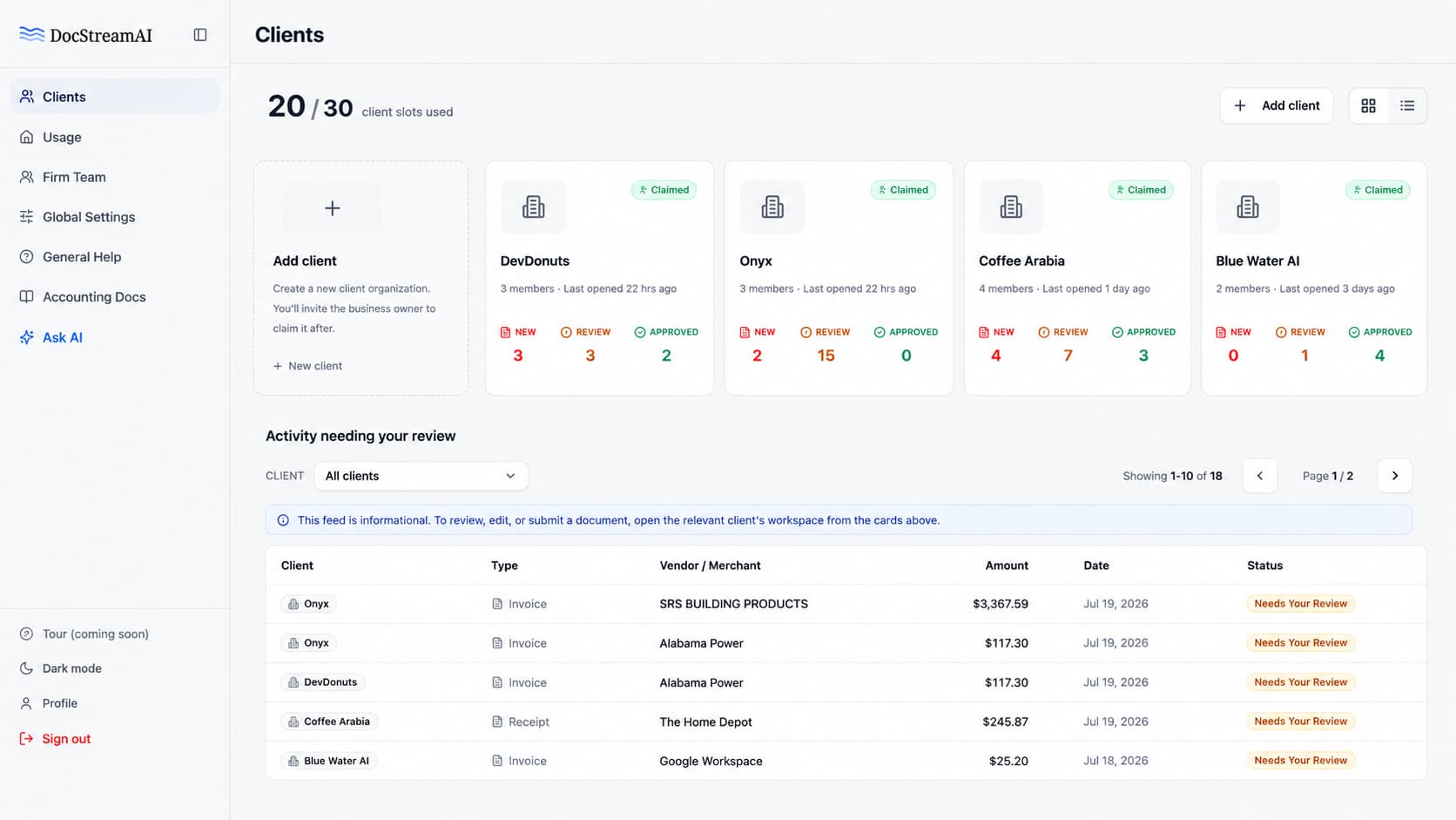 DocStreamAI accountant firm view — every client in one list