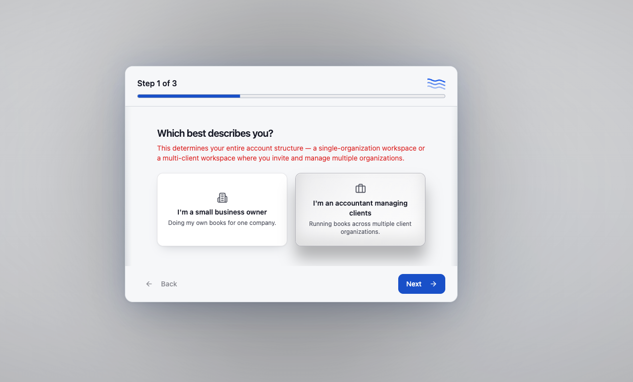 DocStreamAI onboarding step 1 with “I'm an accountant managing clients” selected