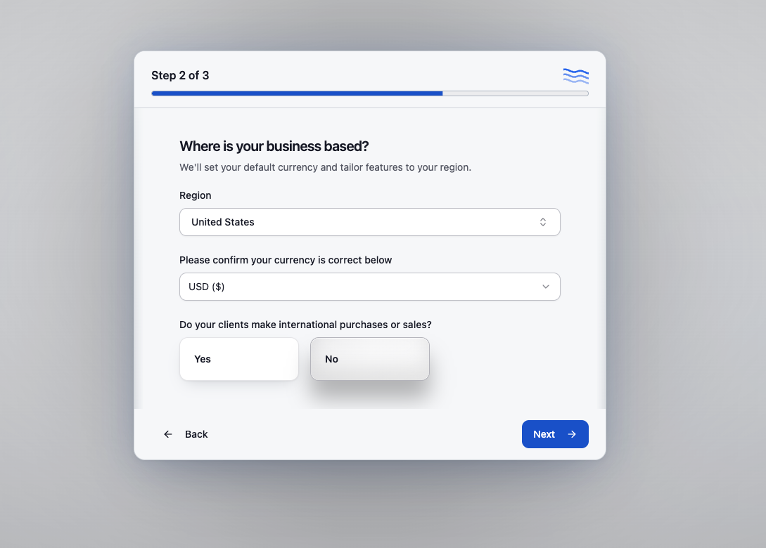 DocStreamAI onboarding step 2 asking for region, currency, and international activity
