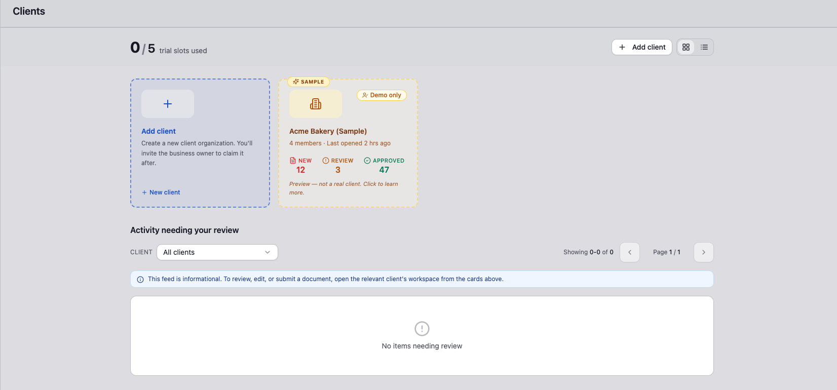DocStreamAI Clients page on a new firm trial showing available client slots and a sample client card
