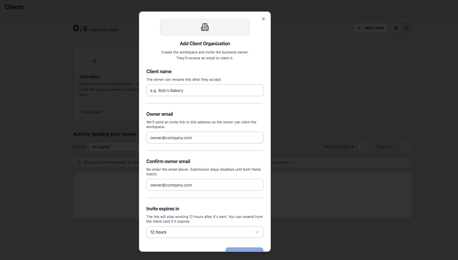 DocStreamAI Add Client Organization dialog with client name, owner email, confirmation, and invite expiry fields