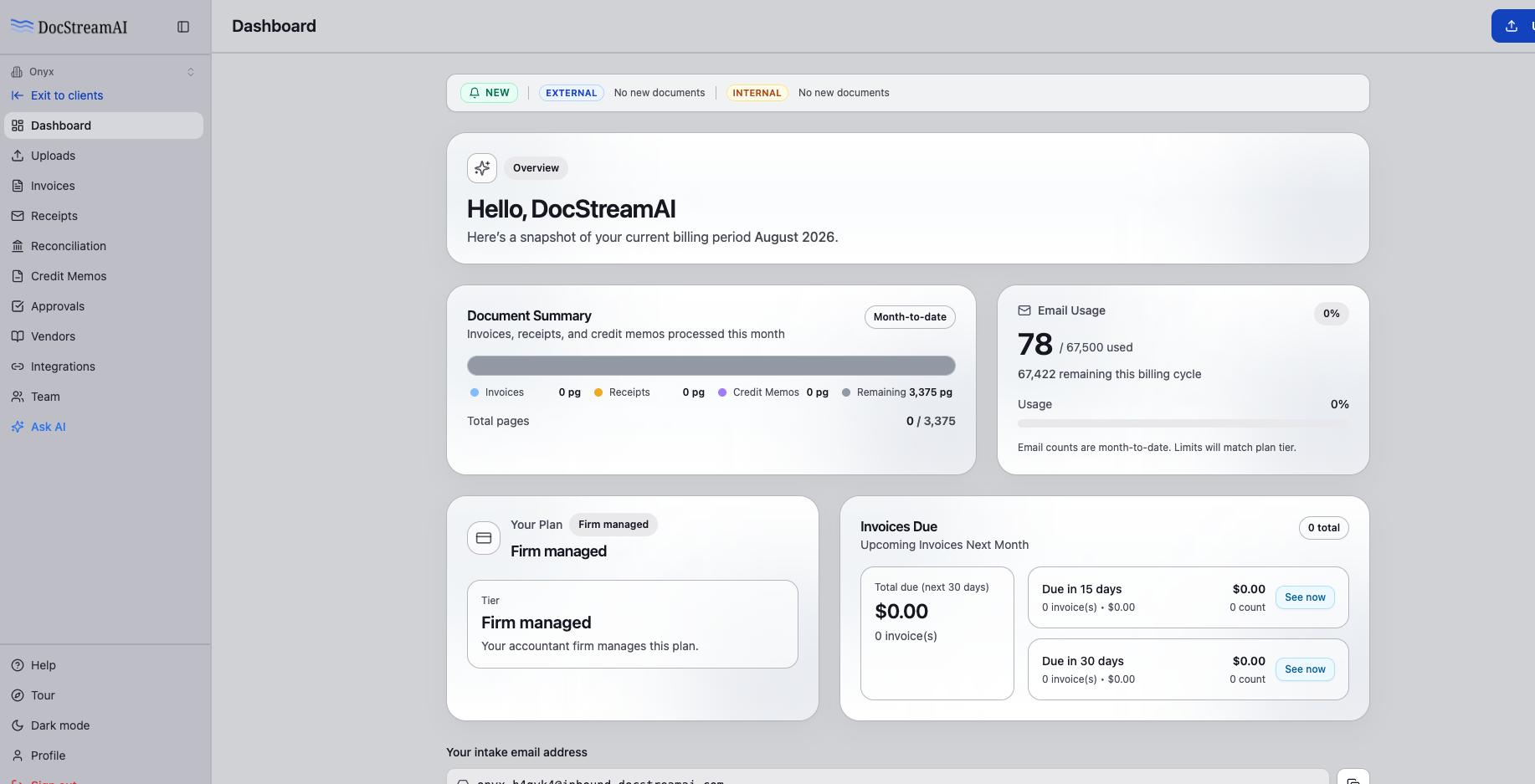 A client workspace dashboard inside DocStreamAI showing document summary, email usage, firm-managed plan, and intake email address