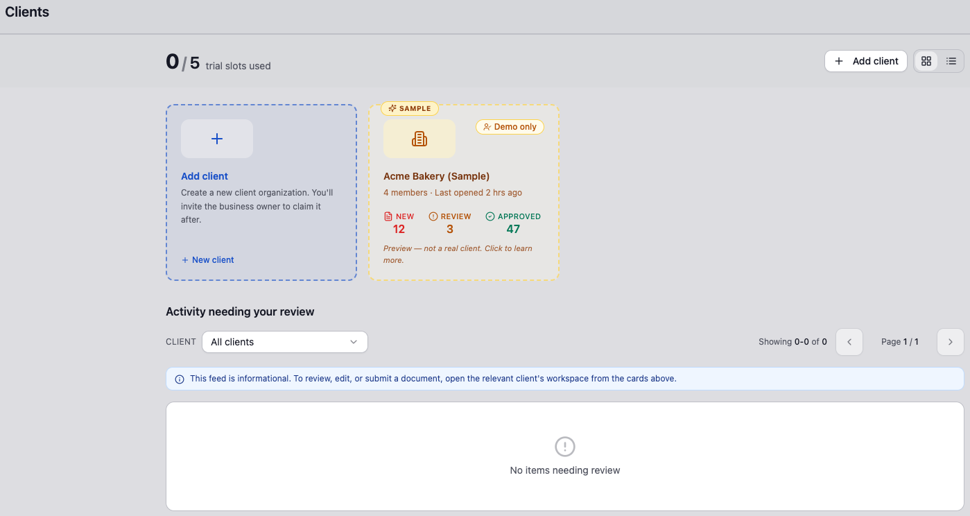 DocStreamAI Clients page on a new firm trial showing available client slots and a sample client card