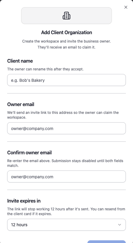 DocStreamAI Add Client Organization dialog with client name, owner email, confirmation, and invite expiry fields
