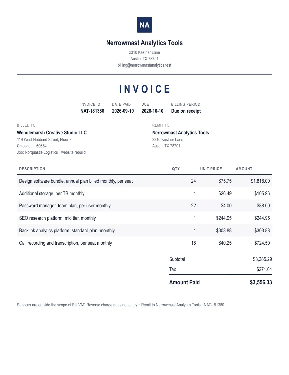 Invoice sent to Wendlemarsh Creative Studio