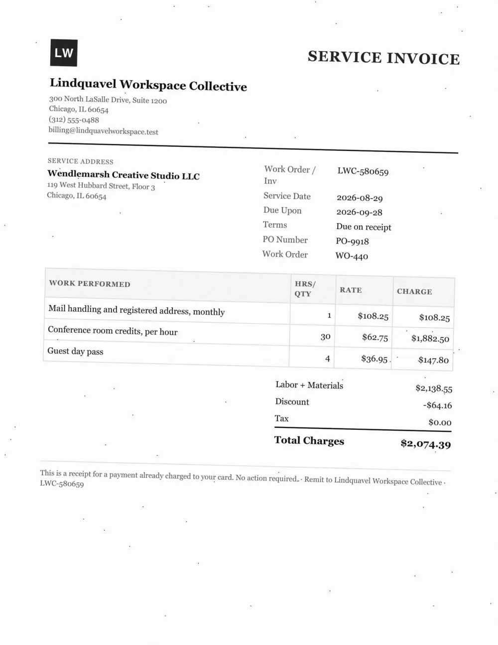 Invoice sent to Wendlemarsh Creative Studio