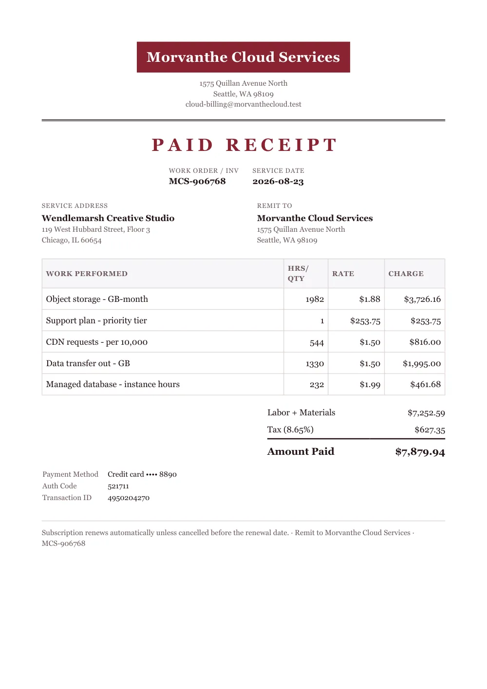 Receipt sent to Wendlemarsh Creative Studio