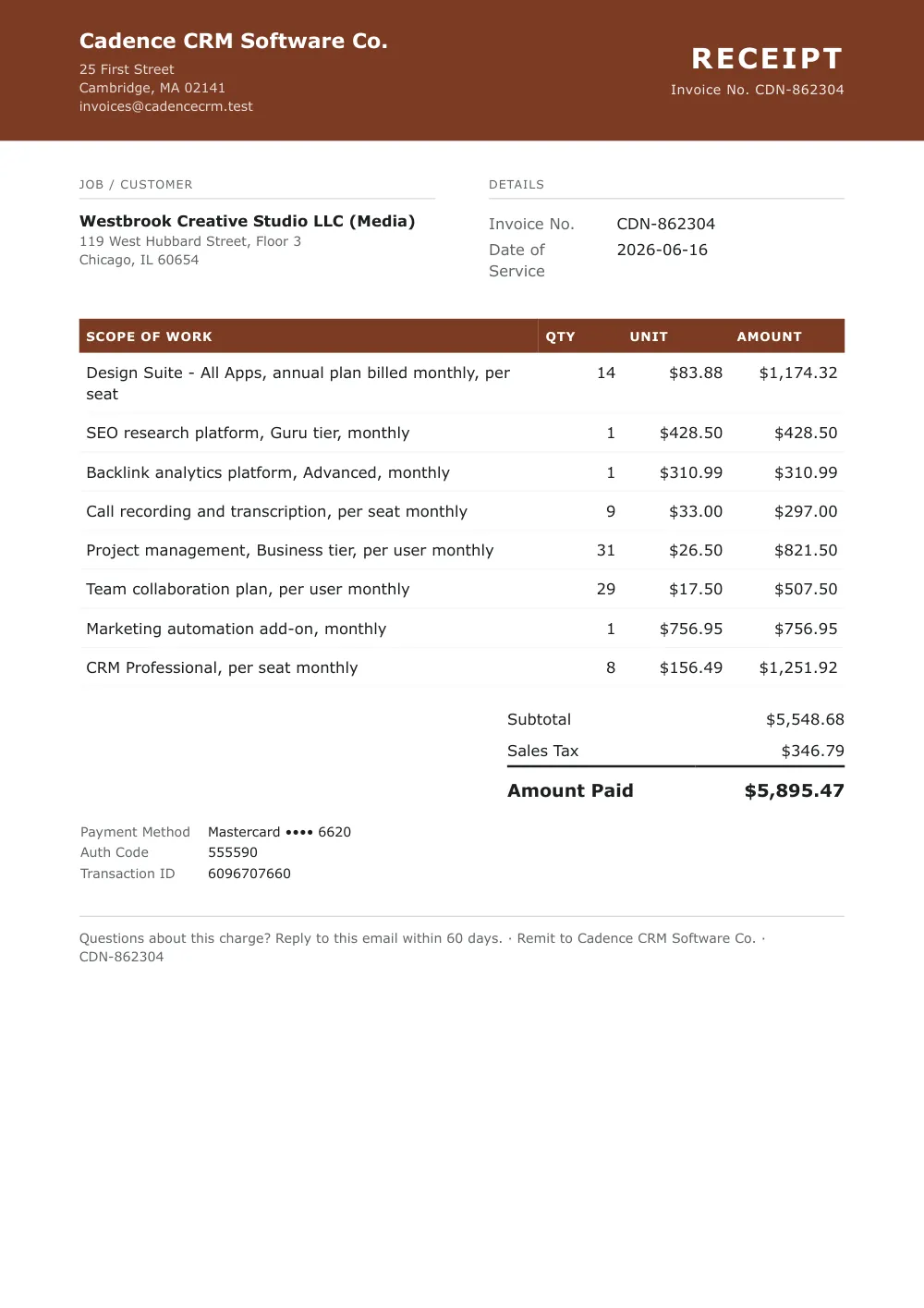 Receipt sent to Wendlemarsh Creative Studio