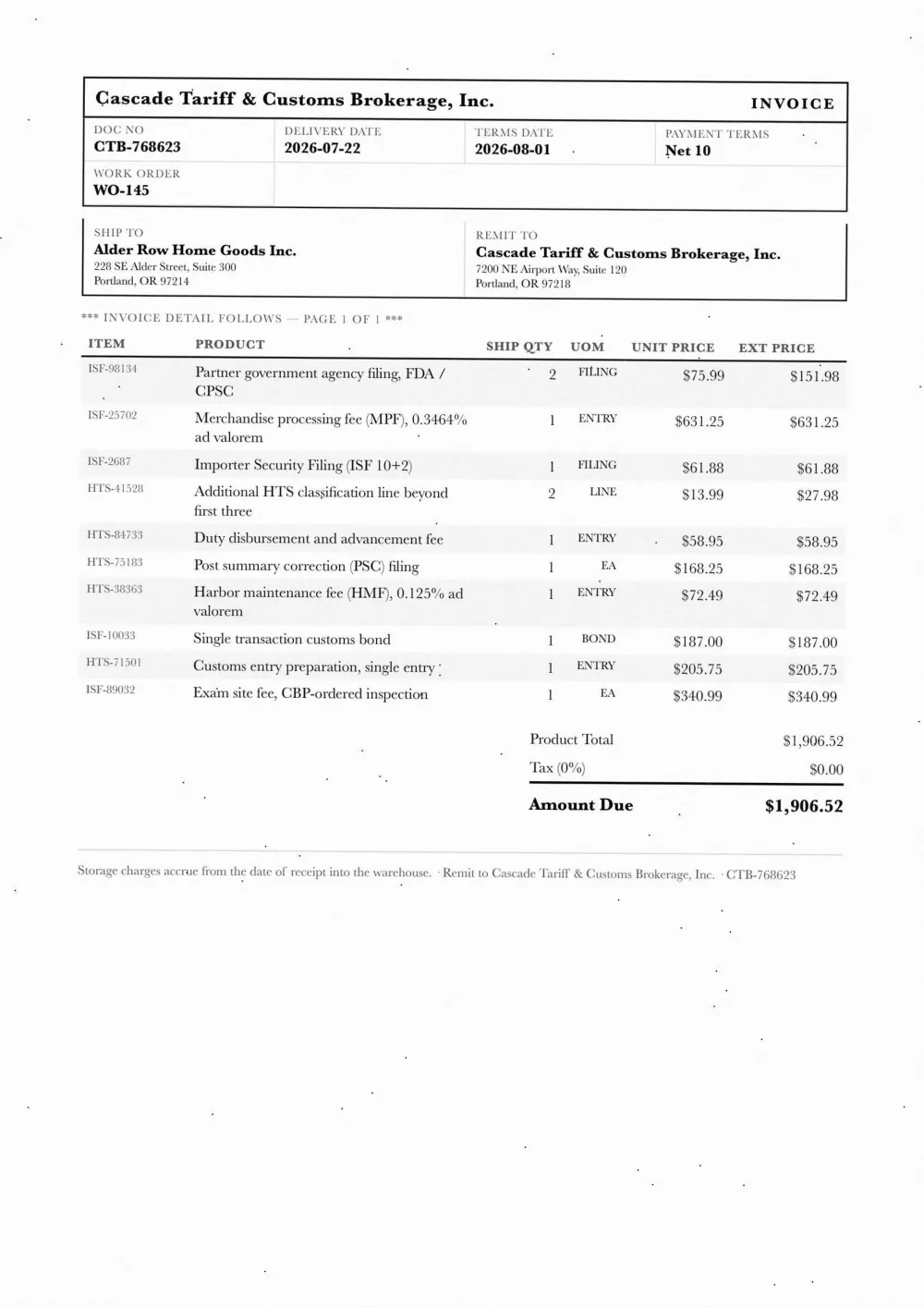 Invoice sent to Amblequist Row Home Goods, with the fields read wrong outlined