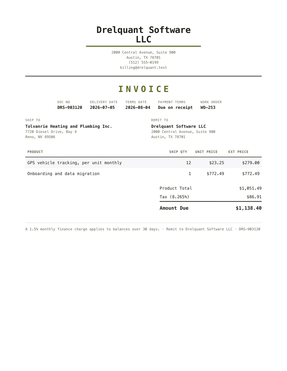 Invoice sent to Tolvanrie Heating & Plumbing, with the field read wrong outlined