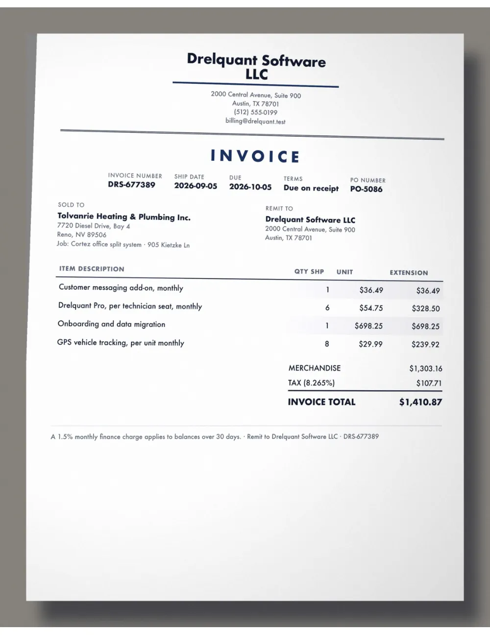 Invoice sent to Tolvanrie Heating & Plumbing, with the field read wrong outlined