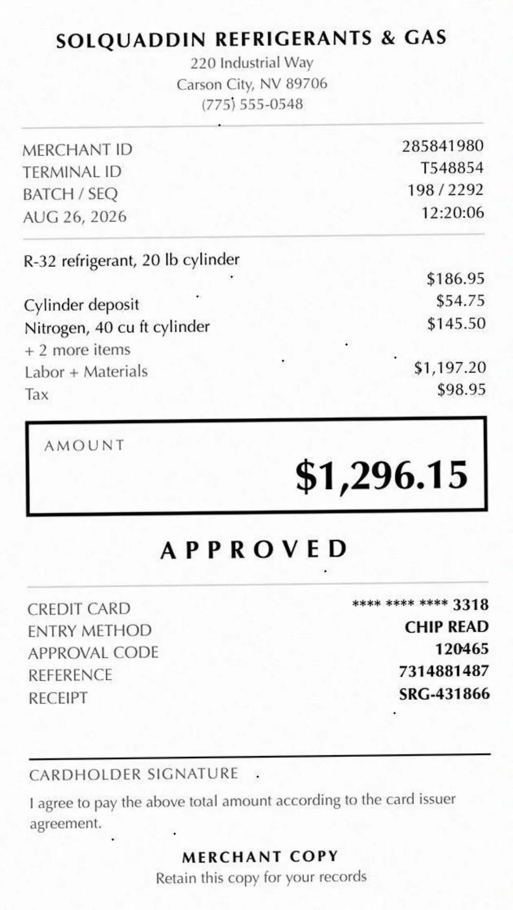 Receipt sent to Tolvanrie Heating & Plumbing, with the field read wrong outlined