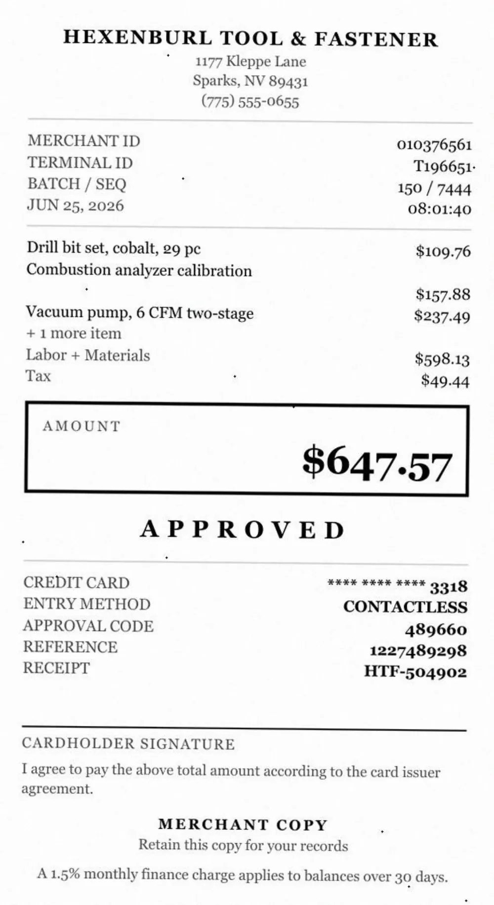 Receipt sent to Tolvanrie Heating & Plumbing, with the field read wrong outlined