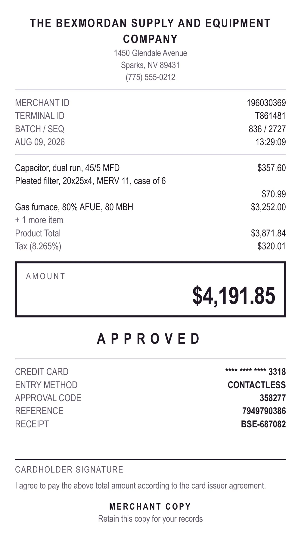 Receipt sent to Tolvanrie Heating & Plumbing, with the field read wrong outlined