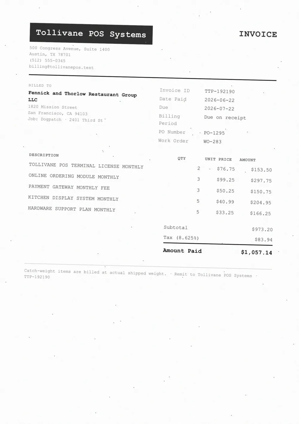 Invoice sent to Fennick & Thorlow Restaurant Group
