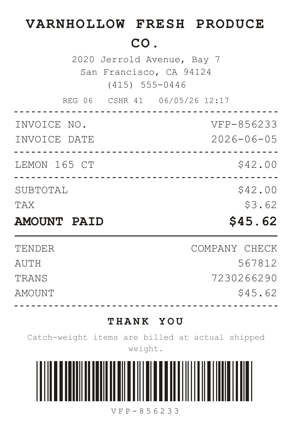 Receipt sent to Fennick & Thorlow Restaurant Group