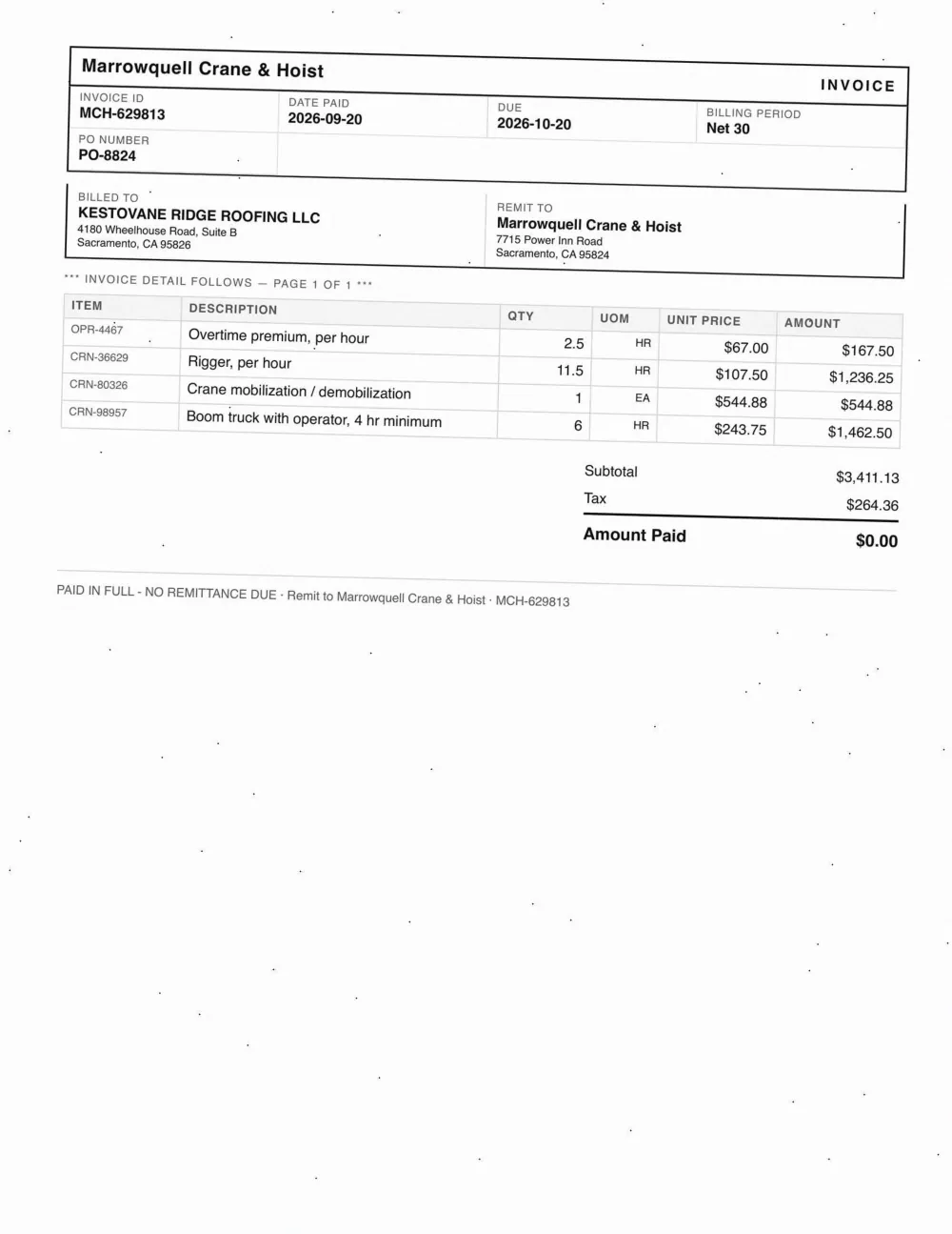 Invoice sent to Kestovane Ridge Roofing, with the fields read wrong outlined