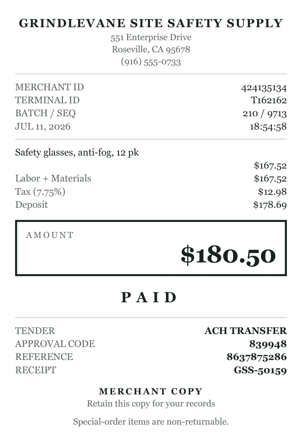 Receipt sent to Kestovane Ridge Roofing