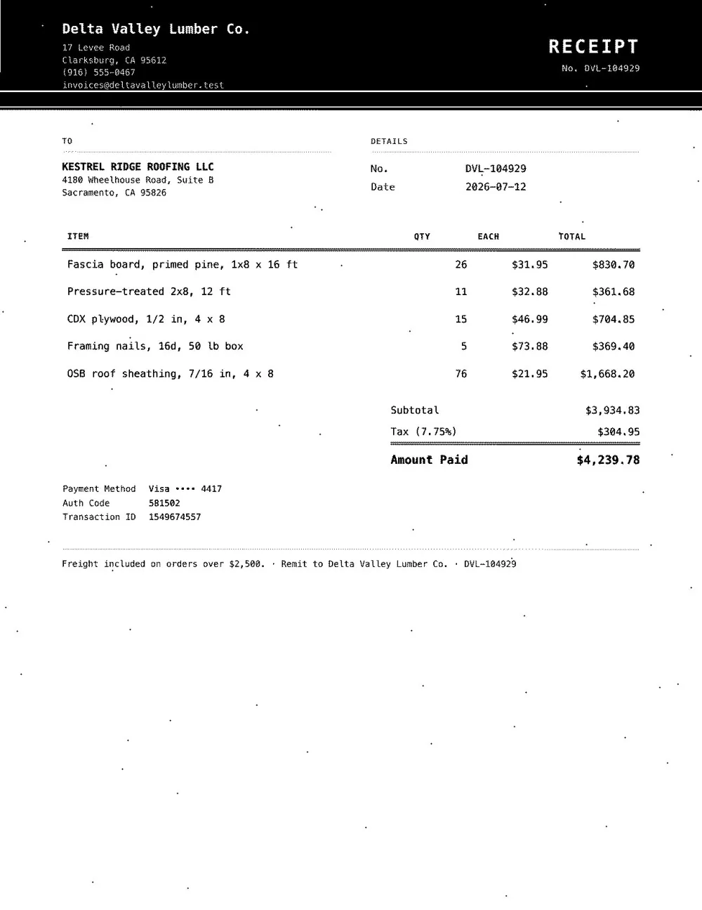 Receipt sent to Kestovane Ridge Roofing
