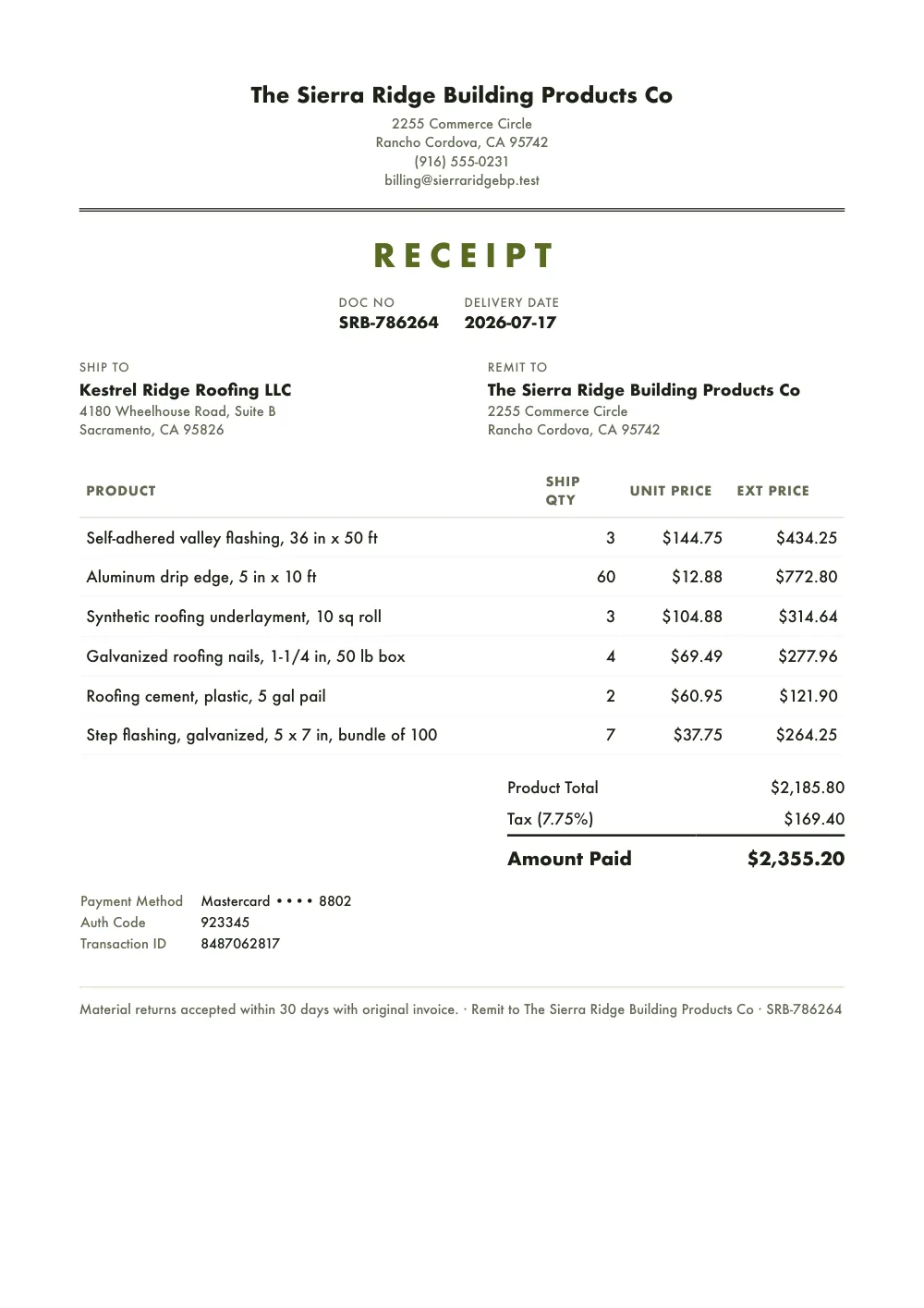 Receipt sent to Kestovane Ridge Roofing