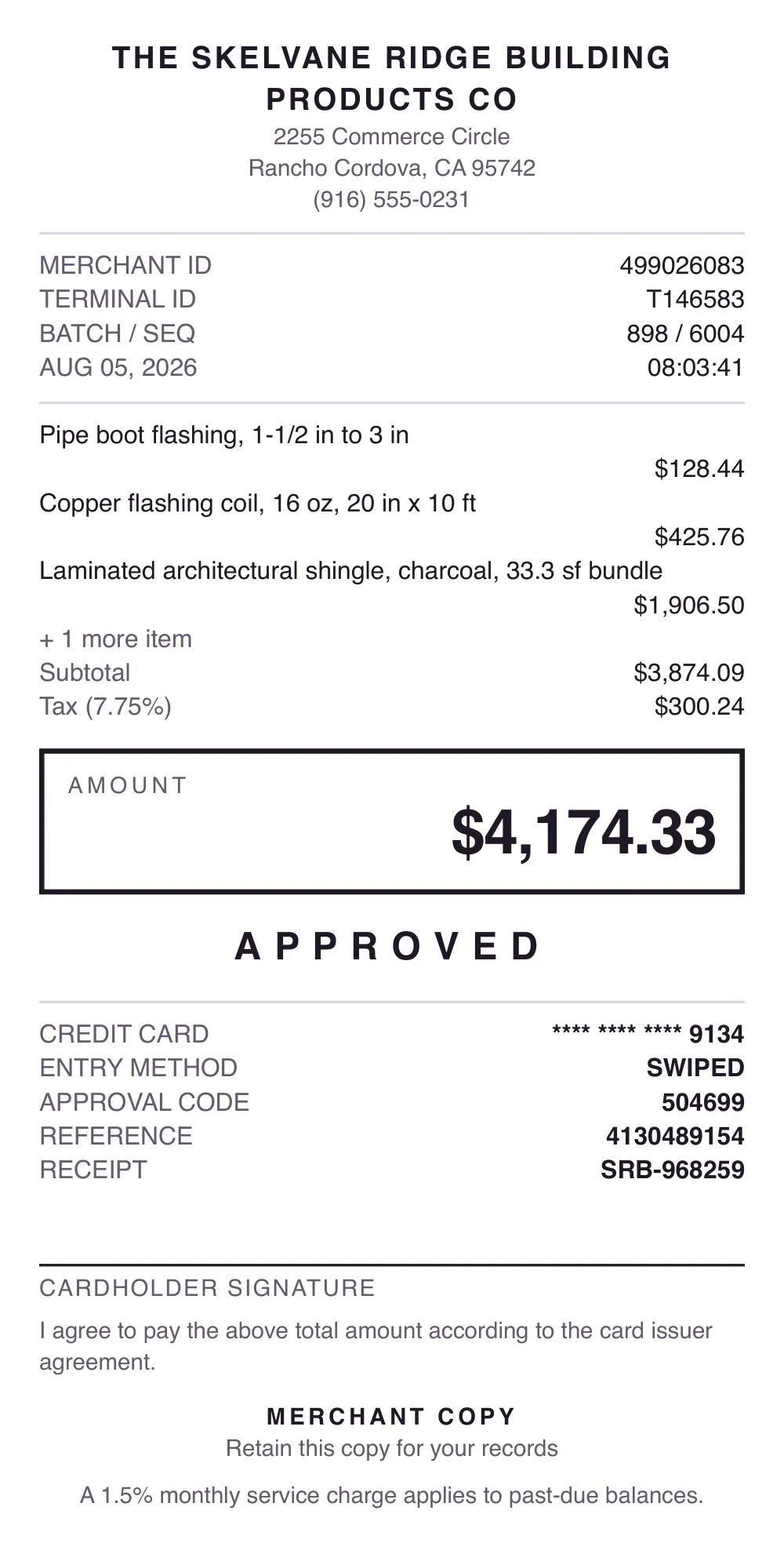 Receipt sent to Kestovane Ridge Roofing, with the field read wrong outlined