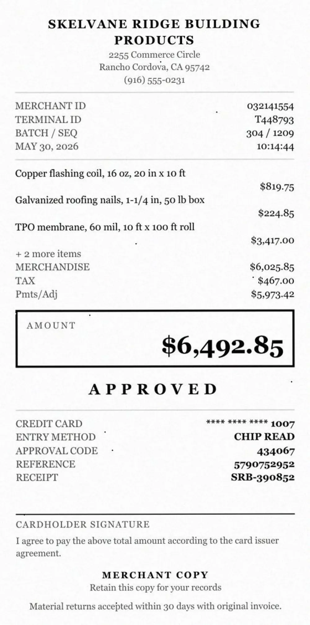 Receipt sent to Kestovane Ridge Roofing, with the field read wrong outlined