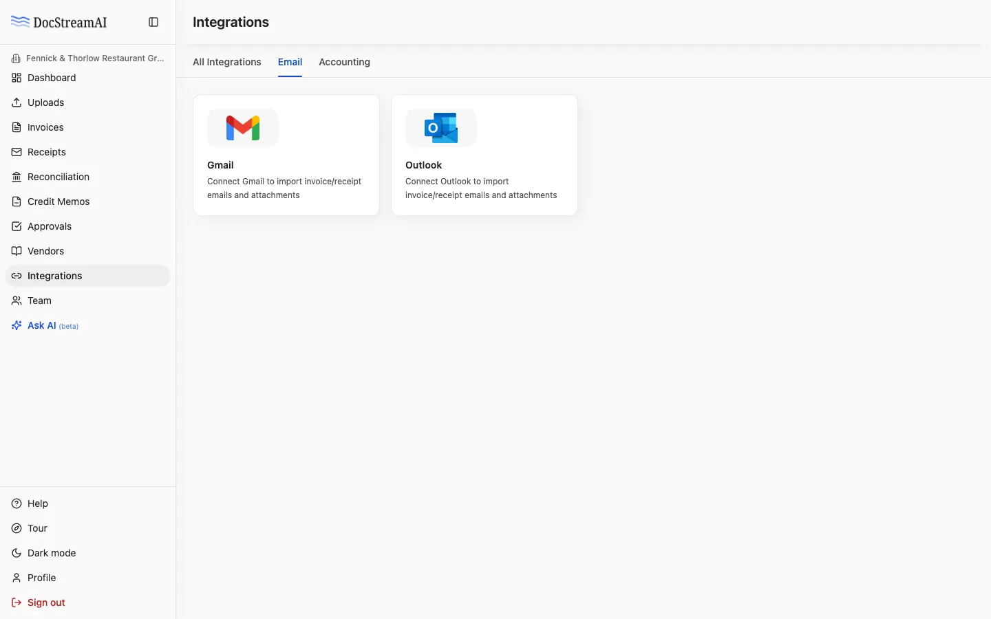 Integrations page with Gmail and Outlook connected