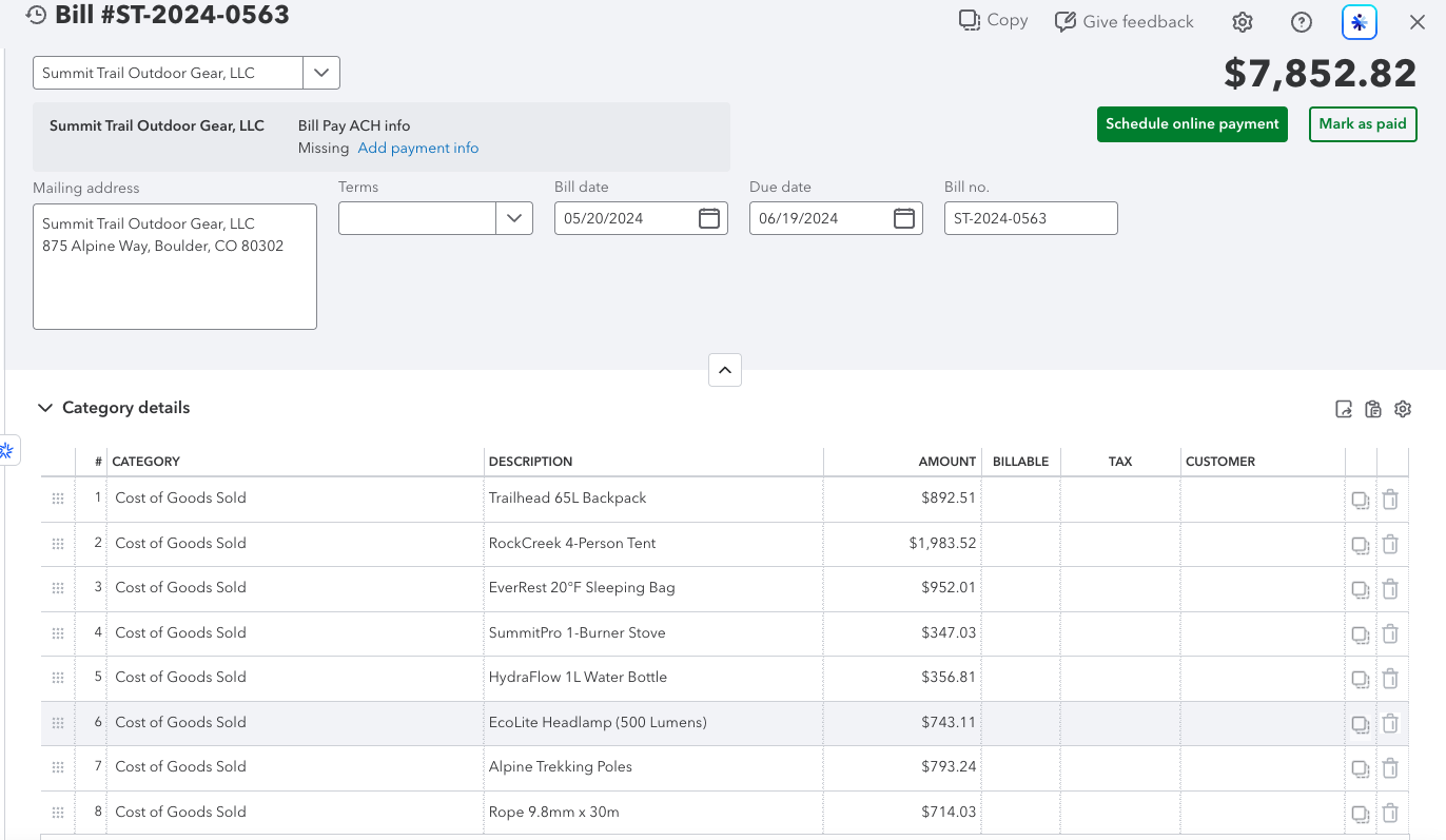 Summit Trail Outdoor Gear invoice extracted into QuickBooks as a bill