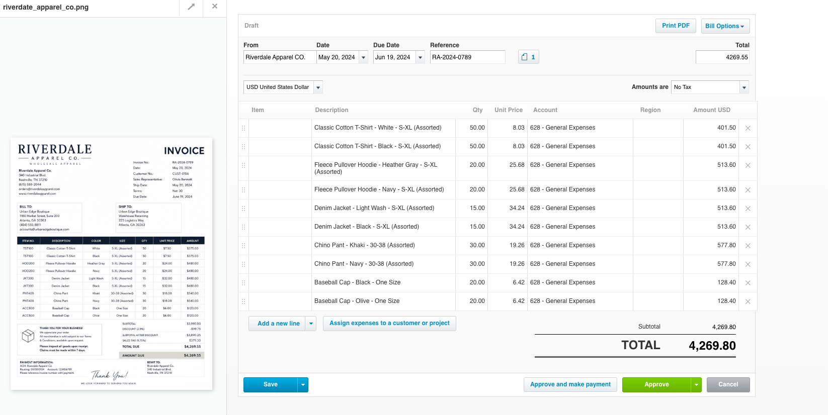 Riverdale invoice populated inside Xero