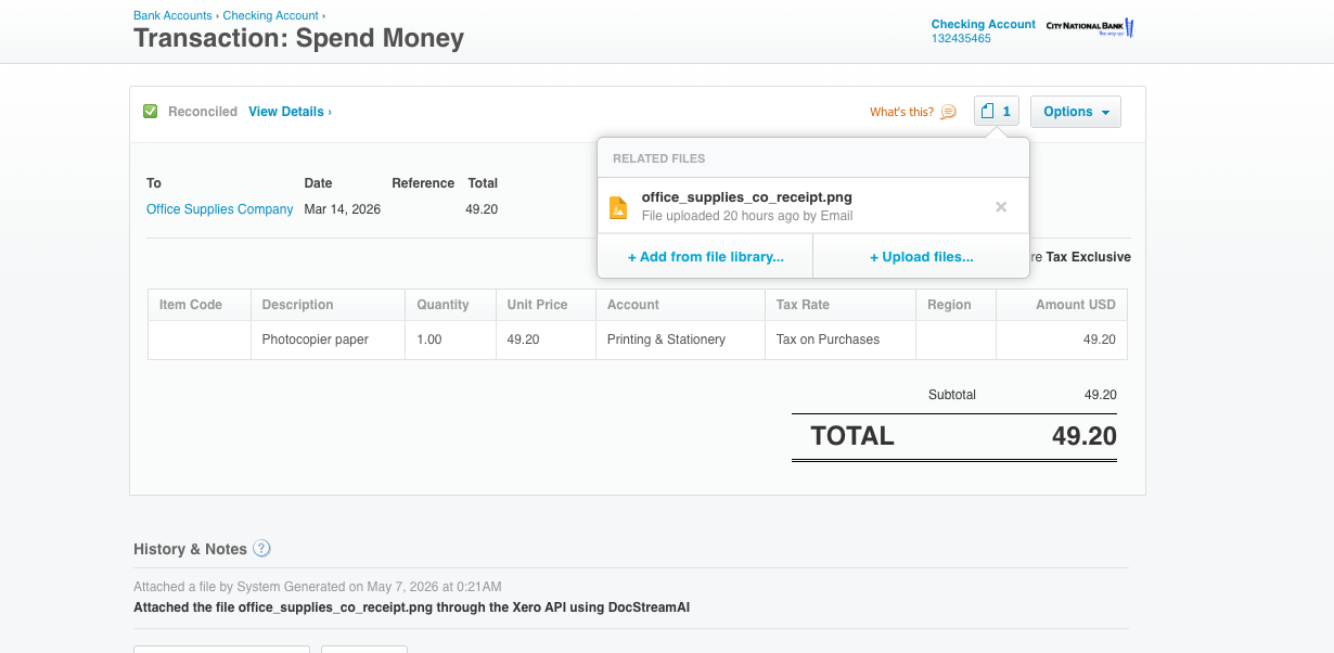 Xero Spend Money transaction with the receipt attached