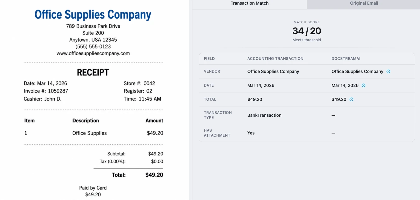 DocStreamAI dashboard matching a receipt to a Xero bank transaction